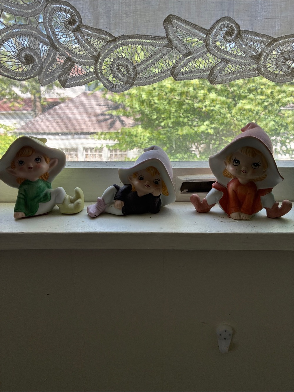 Vintage Ceramic Pixie Figurine Trio - Green, Black, Orange